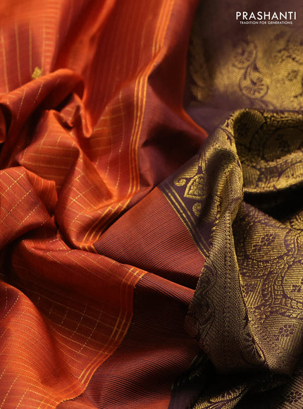Pure kanchipuram silk saree rust shade and coffee brown with allover zari checks & buttas and rich zari woven paisley border