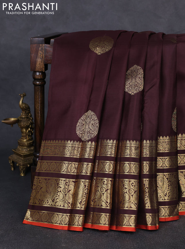 Pure kanchipuram silk saree coffee brown with zari woven buttas and rich zari woven annam border