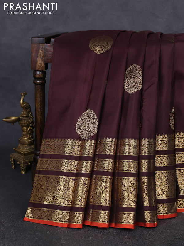 Pure kanchipuram silk saree coffee brown with zari woven buttas and rich zari woven annam border