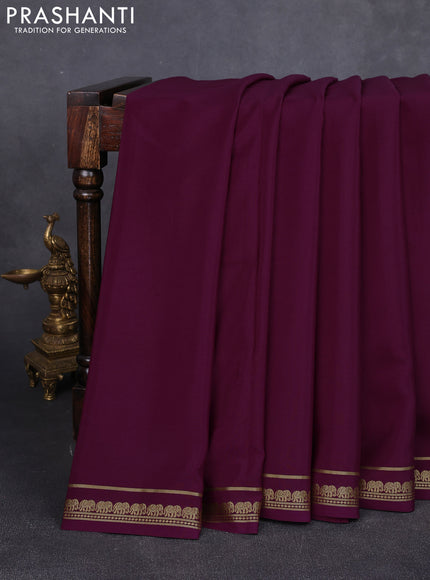 Pure mysore silk saree wine shade with plain body and small elephant zari woven border