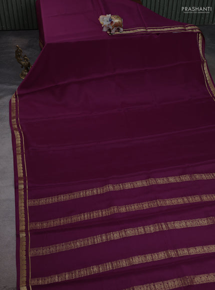Pure mysore silk saree wine shade with plain body and small elephant zari woven border