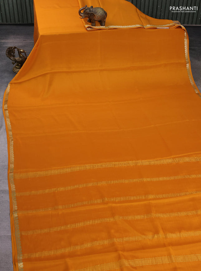 Pure mysore silk saree mustard yellow with plain body and small zari woven border
