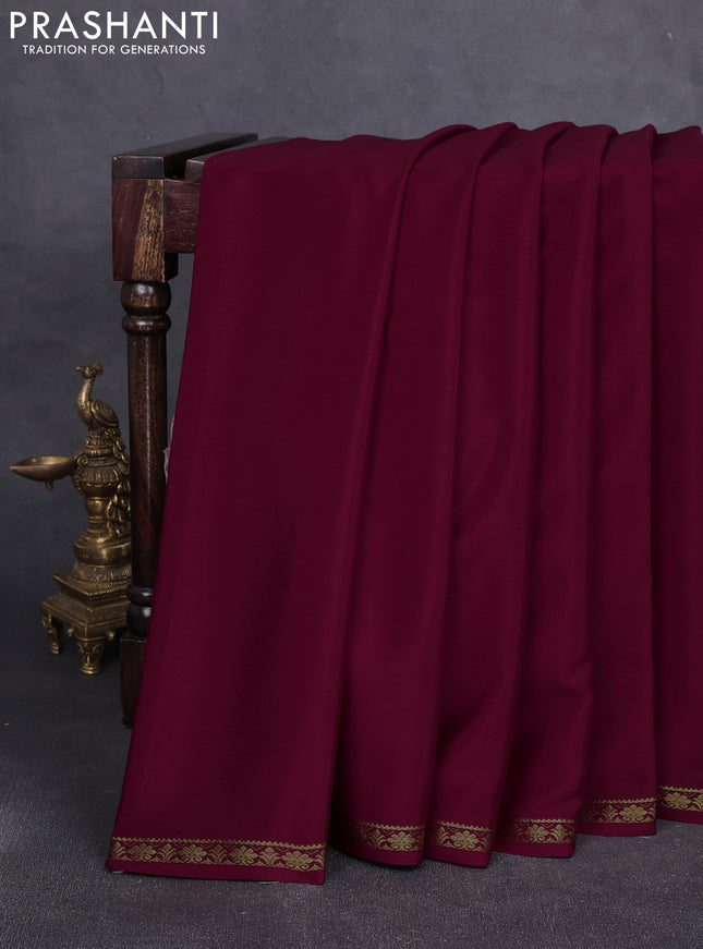 Pure mysore silk saree maroon with plain body and small zari woven border