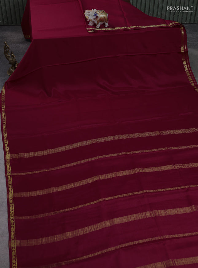 Pure mysore silk saree maroon with plain body and small zari woven border