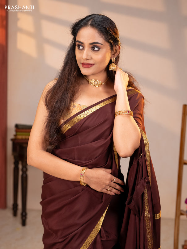 Pure mysore silk saree maroon with plain body and small zari woven border