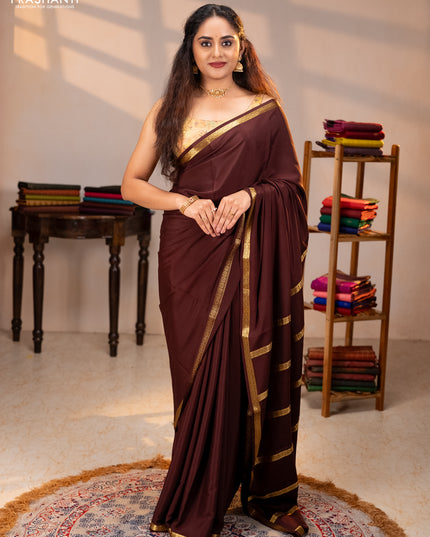 Pure mysore silk saree maroon with plain body and small zari woven border