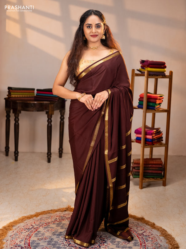 Pure mysore silk saree maroon with plain body and small zari woven border