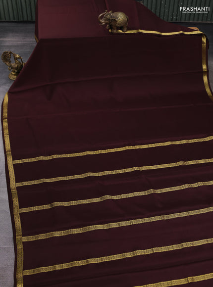 Pure mysore silk saree coffee brown with plain body and small zari woven border