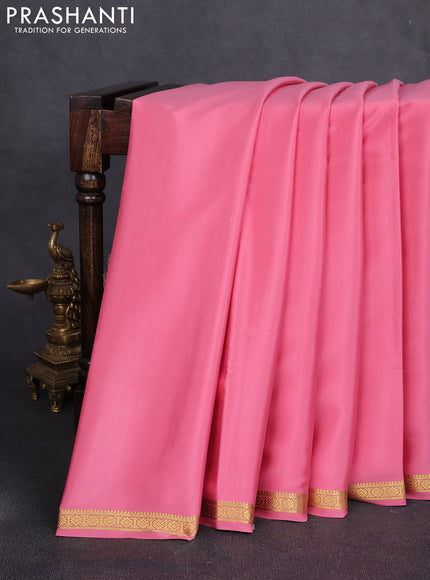 Pure mysore silk saree peach pink with plain body and small zari woven border