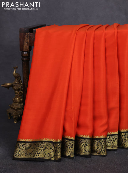 Pure mysore silk saree orange and black with plain body and peacock zari woven border
