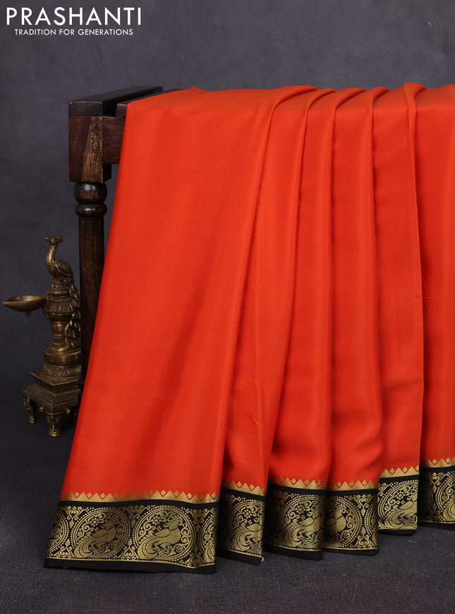Pure mysore silk saree orange and black with plain body and peacock zari woven border