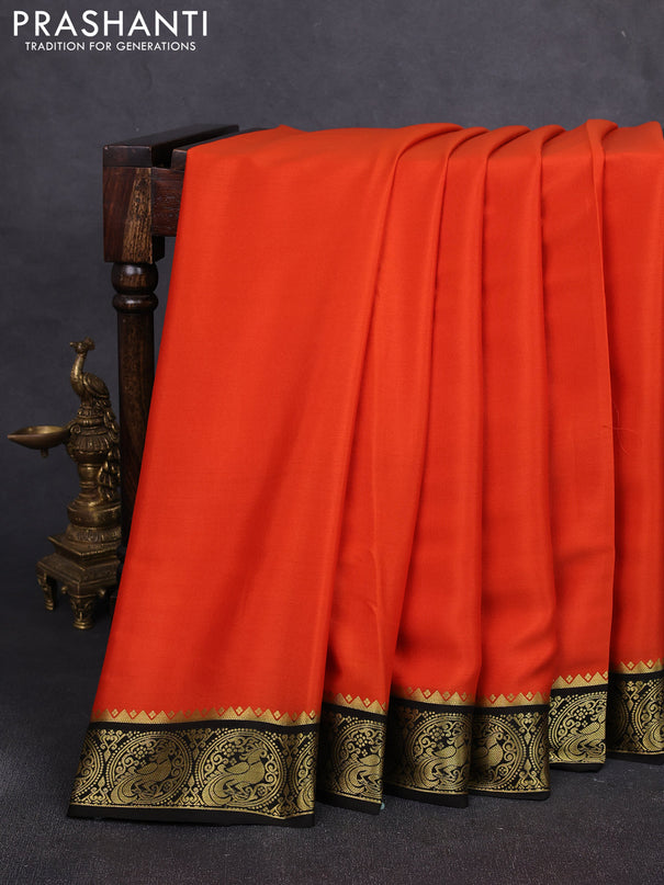 Pure mysore silk saree orange and black with plain body and peacock zari woven border