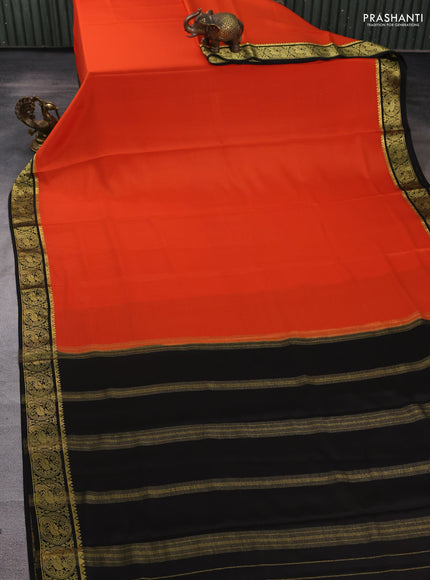 Pure mysore silk saree orange and black with plain body and peacock zari woven border