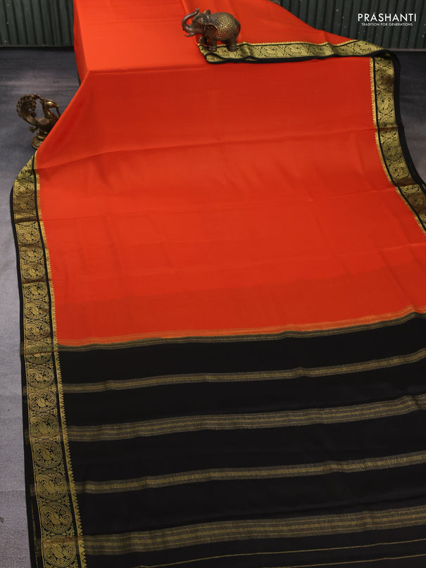 Pure mysore silk saree orange and black with plain body and peacock zari woven border