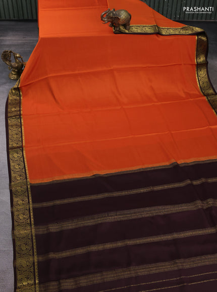 Pure mysore silk saree rust shade and coffee brown with plain body and peacock zari woven border