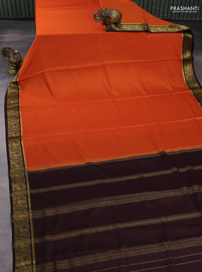 Pure mysore silk saree rust shade and coffee brown with plain body and peacock zari woven border
