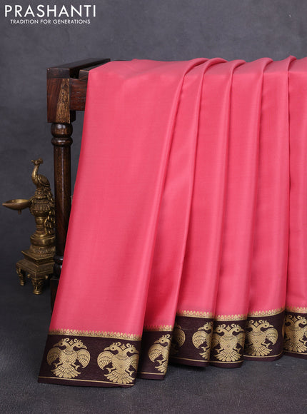 Pure mysore silk saree peach pink and coffee brown with plain body and zari woven butta border