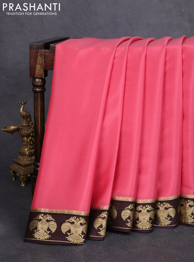 Pure mysore silk saree peach pink and coffee brown with plain body and zari woven butta border