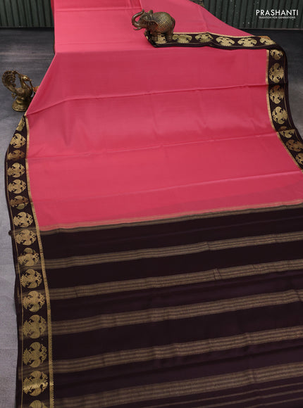 Pure mysore silk saree peach pink and coffee brown with plain body and zari woven butta border