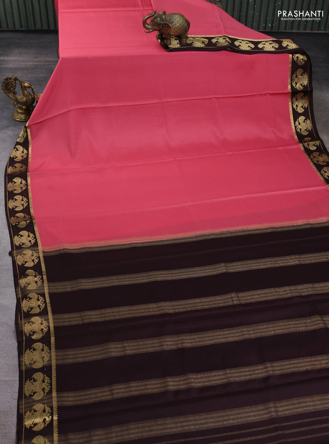 Pure mysore silk saree peach pink and coffee brown with plain body and zari woven butta border