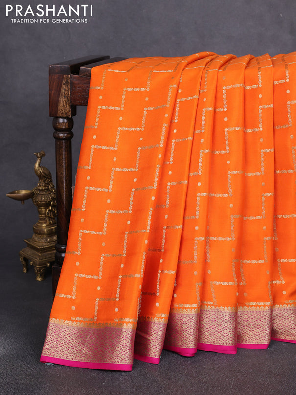 Pure mysore silk saree orange and pink with allover zari weaves & buttas and zari woven border