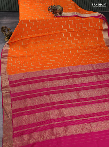 Pure mysore silk saree orange and pink with allover zari weaves & buttas and zari woven border
