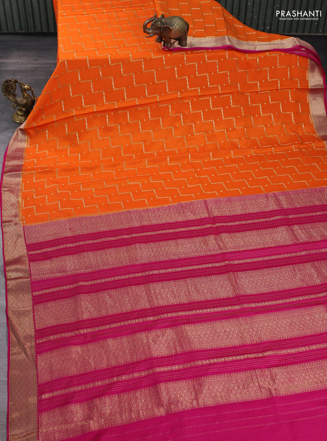Pure mysore silk saree orange and pink with allover zari weaves & buttas and zari woven border
