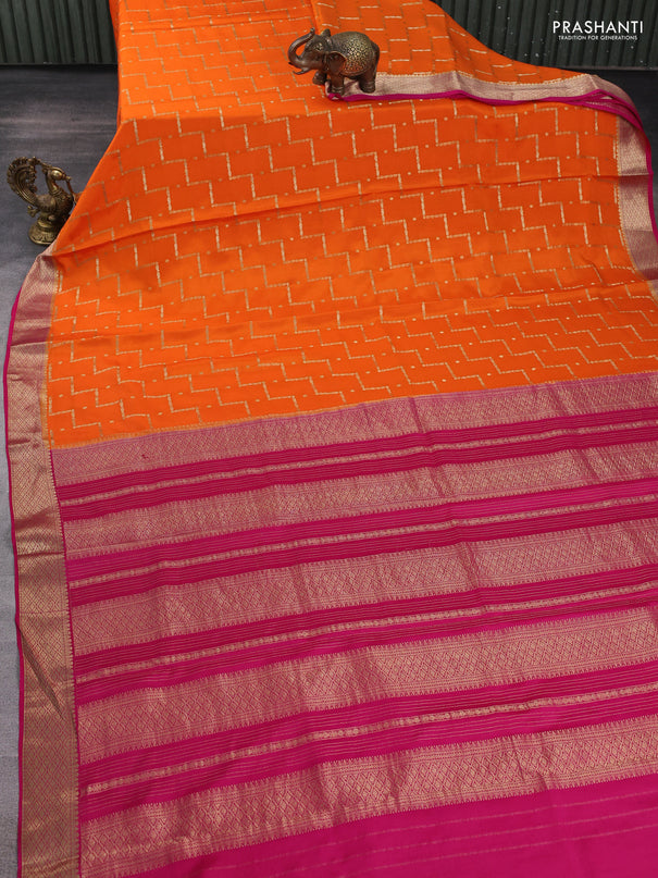 Pure mysore silk saree orange and pink with allover zari weaves & buttas and zari woven border