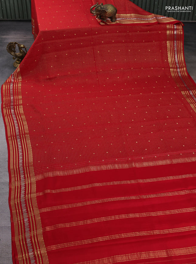Pure mysore silk saree red with allover zari checks & buttas and zari woven border