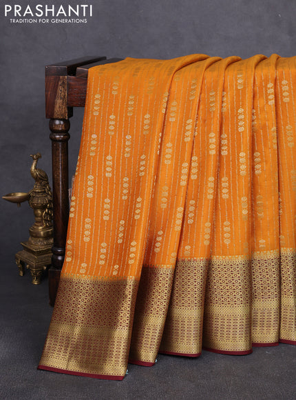 Pure mysore silk saree mustard yellow and deep maroon with allover zari stripe & buttas and long zari woven border