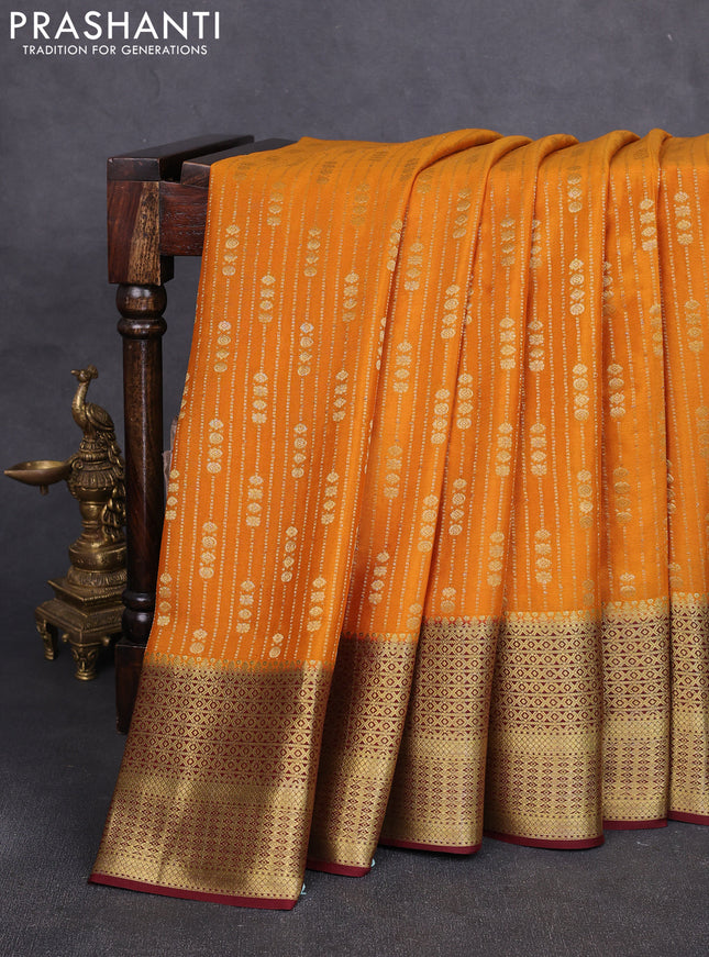 Pure mysore silk saree mustard yellow and deep maroon with allover zari stripe & buttas and long zari woven border