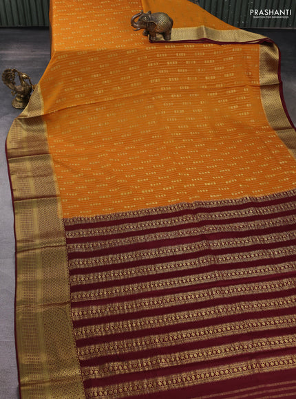 Pure mysore silk saree mustard yellow and deep maroon with allover zari stripe & buttas and long zari woven border