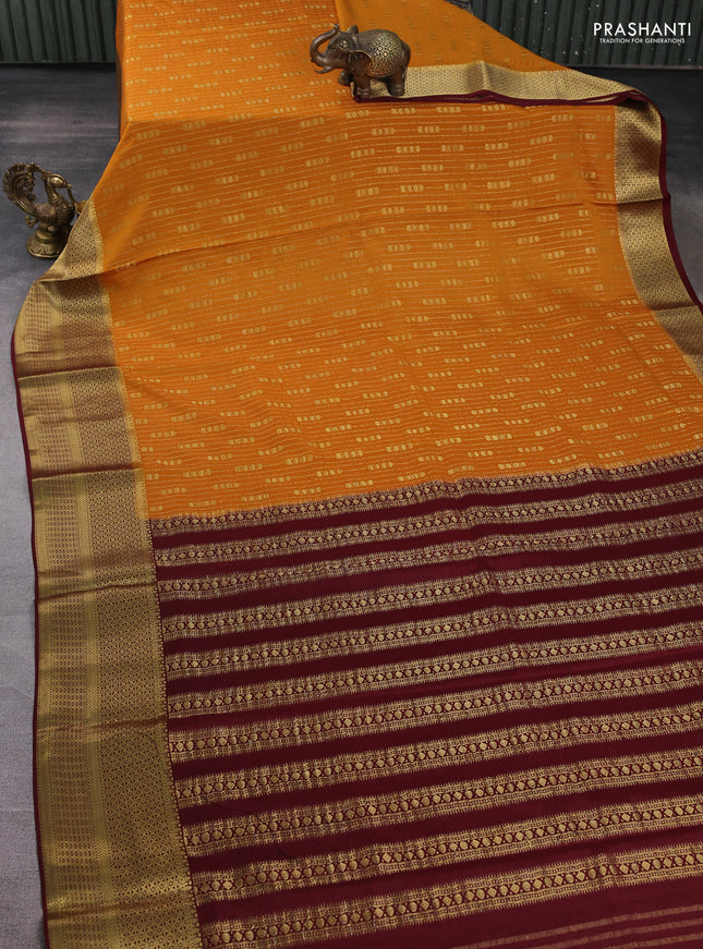Pure mysore silk saree mustard yellow and deep maroon with allover zari stripe & buttas and long zari woven border
