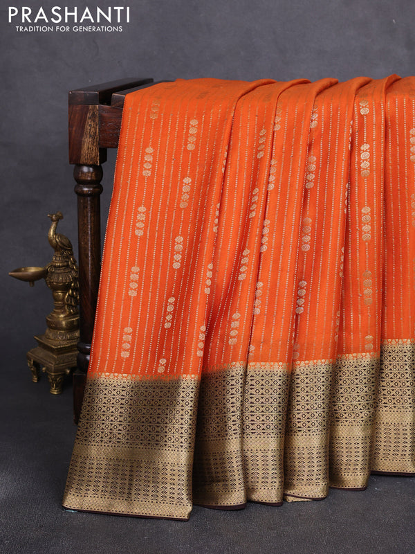 Pure mysore silk saree rust shade and coffee brown with allover zari stripe & buttas and long zari woven border