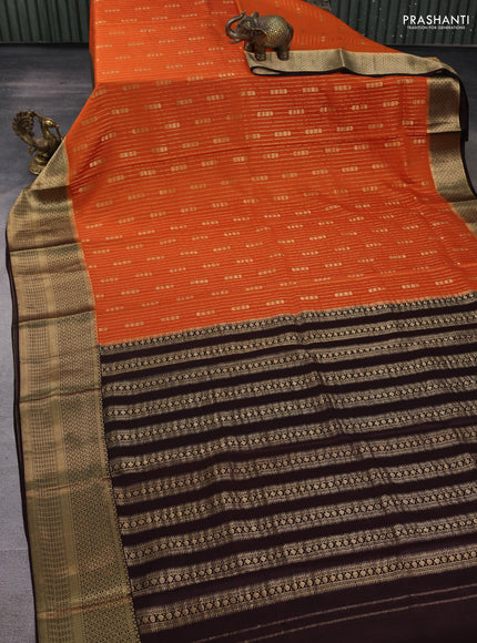 Pure mysore silk saree rust shade and coffee brown with allover zari stripe & buttas and long zari woven border
