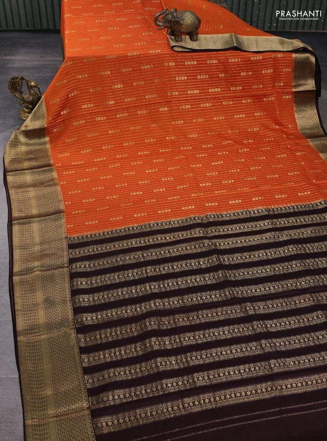 Pure mysore silk saree rust shade and coffee brown with allover zari stripe & buttas and long zari woven border