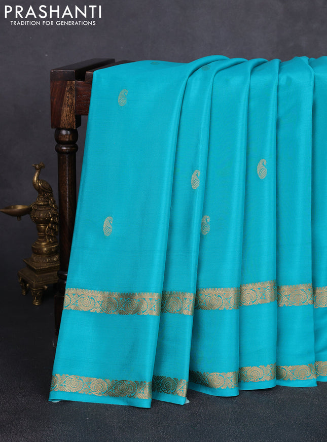Pure mysore silk saree teal blue with zari woven buttas and rettapet zari woven border