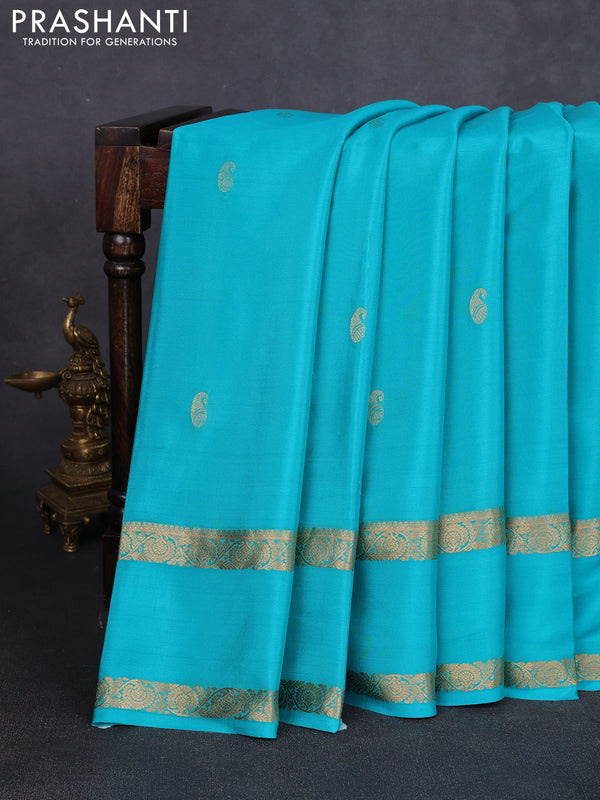 Pure mysore silk saree teal blue with zari woven buttas and rettapet zari woven border