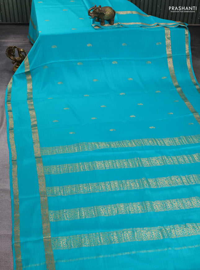 Pure mysore silk saree teal blue with zari woven buttas and rettapet zari woven border