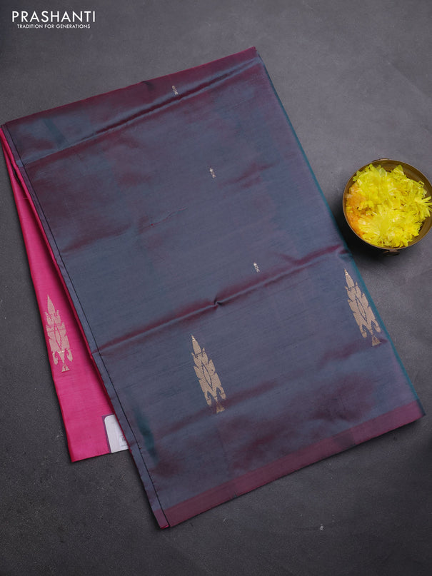 Banana pith saree dual shade of peacock green and pink with thread woven buttas in borderless style