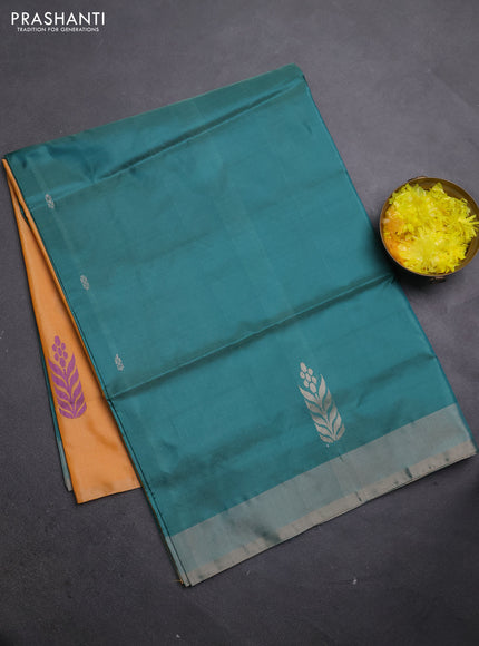Banana pith saree green and pale orange with thread woven buttas and simple border