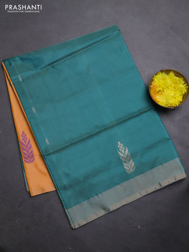 Banana pith saree green and pale orange with thread woven buttas and simple border