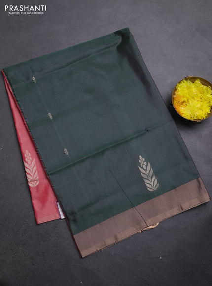 Banana pith saree dark green and peach shade with thread woven buttas and simple border