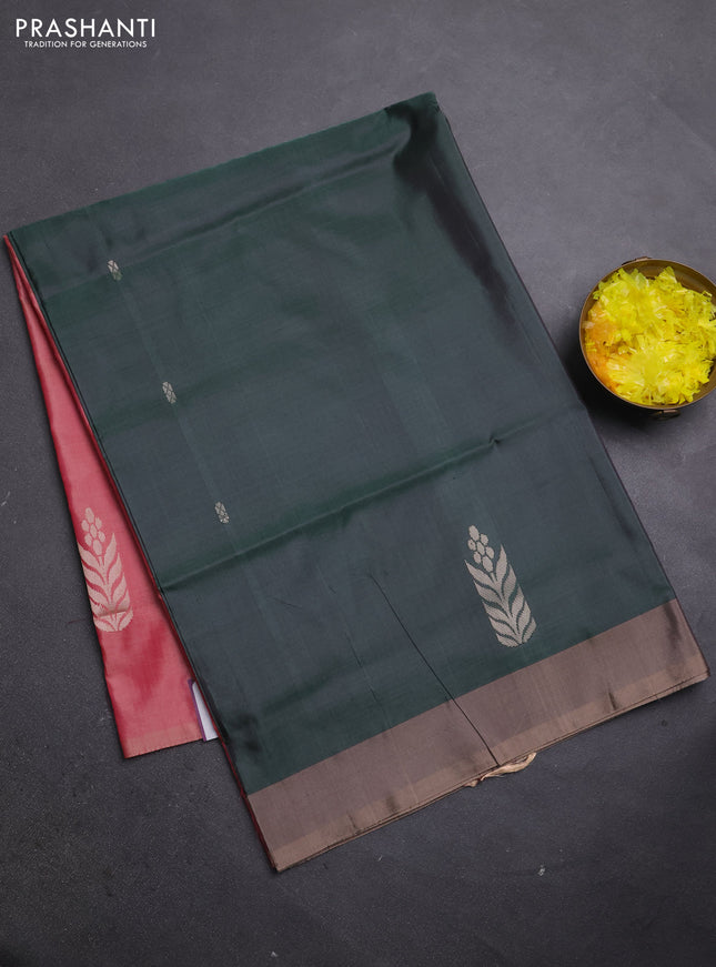 Banana pith saree dark green and peach shade with thread woven buttas and simple border