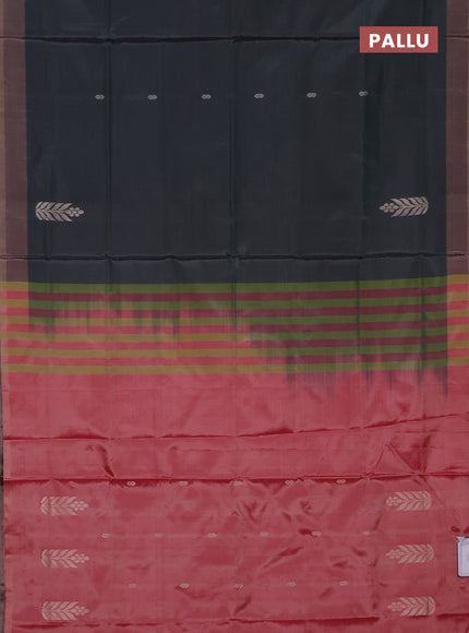 Banana pith saree dark green and peach shade with thread woven buttas and simple border