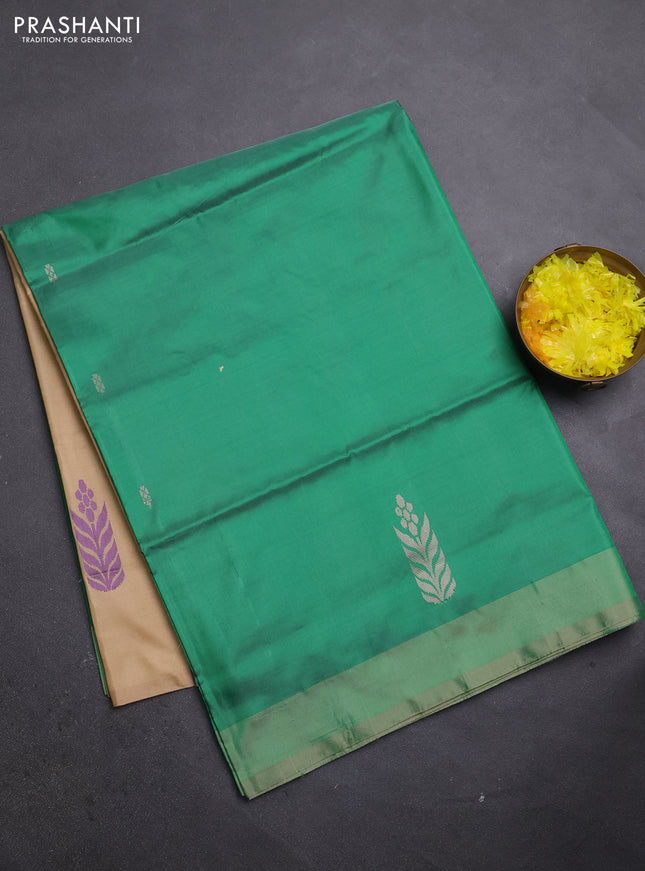 Banana pith saree green and beige with thread woven buttas and simple border