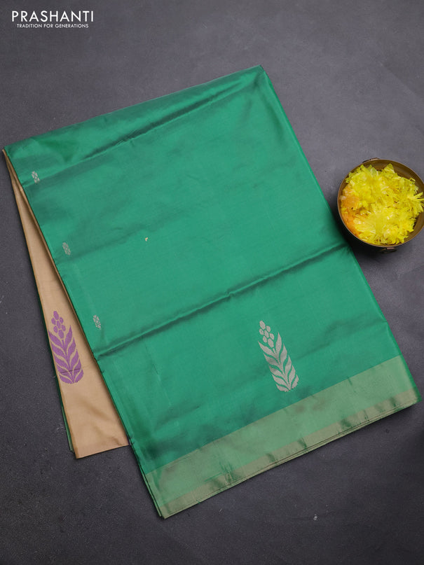 Banana pith saree green and beige with thread woven buttas and simple border