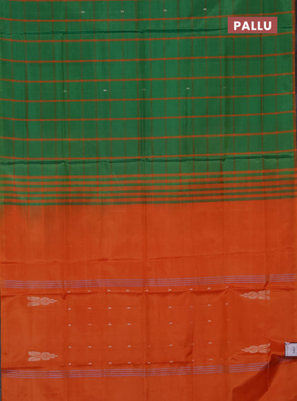 Banana pith saree green and orange with allover checks & thread woven buttas in borderless style
