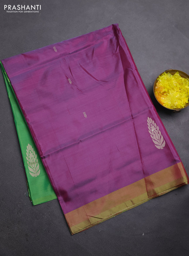 Banana pith saree purple and green with thread woven buttas and simple border
