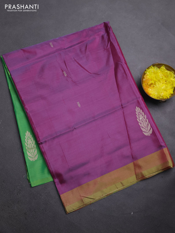 Banana pith saree purple and green with thread woven buttas and simple border